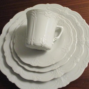 Baronesse 5 Pc Place Setting, Tirschenreuth of Bavaria, Scalloped and Embossed Porcelain; Cup and Saucer, Dinner, Salad, and Bread Plates