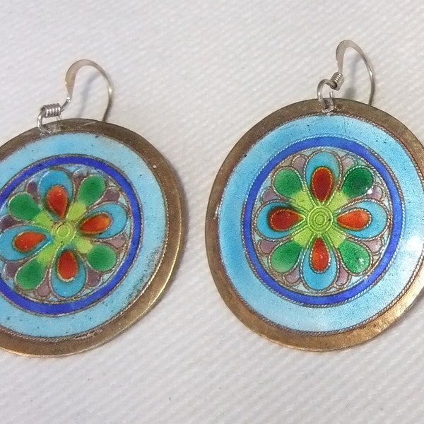 Vintage Round Multicolor Enamel Earrings, Dangling, Aqua, Green, Cobalt, Burnt Orange