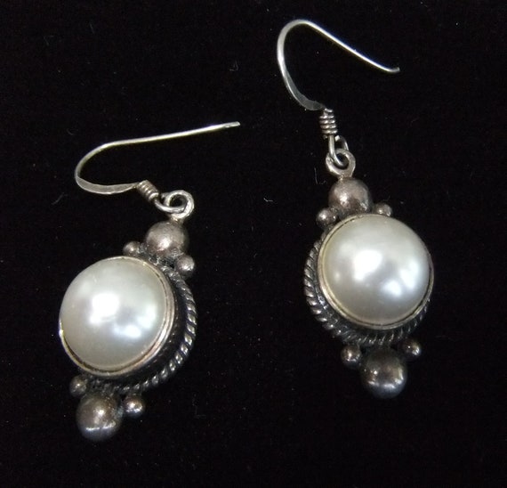 Round Faux Mabe Pearl and Sterling Silver Danglin… - image 1