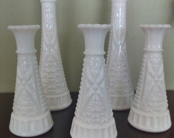 Vintage MILK GLASS VASES Set of 5 Two Large Three Small