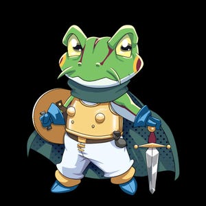 May include: A cartoon illustration of a frog warrior. The frog is green with yellow eyes, wearing a gold breastplate, white pants, and blue boots and gloves. It holds a sword and shield, with a green cape and scarf.