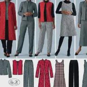 May include: A Simplicity sewing pattern envelope titled easy-to-sew wardrobe elements featuring illustrations of five outfits including a red long coat, a grey suit, a red vest with grey pants, a plaid dress, and a grey skirt suit with various garments.