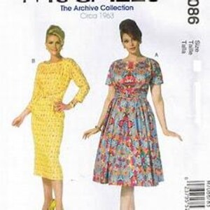 May include: Vintage sewing pattern featuring two women in dresses. One woman is in a yellow long-sleeved dress, and the other is in a floral print dress. The pattern is from The Archive Collection, circa 1963.
