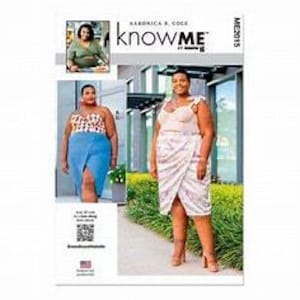 May include: A sewing pattern package featuring a woman modeling two different wrap skirts and a top. The package includes a photo of the designer and the "KNOW ME" logo. The package also includes a QR code and the text "AARONICA R. COLE".