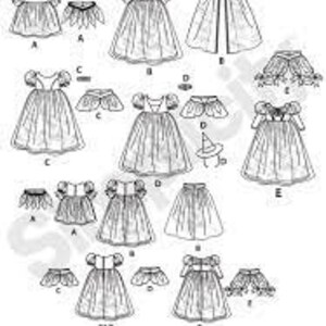 Op de afbeelding: Lijntekening van verschillende kinderkledingpatronen, inclusief voor- en achteraanzichten. De patronen tonen verschillende jurkstijlen met korte mouwen, capes en decoratieve kragen. De tekst "1303 FRONT AND BACK VIEWS" staat bovenaan.