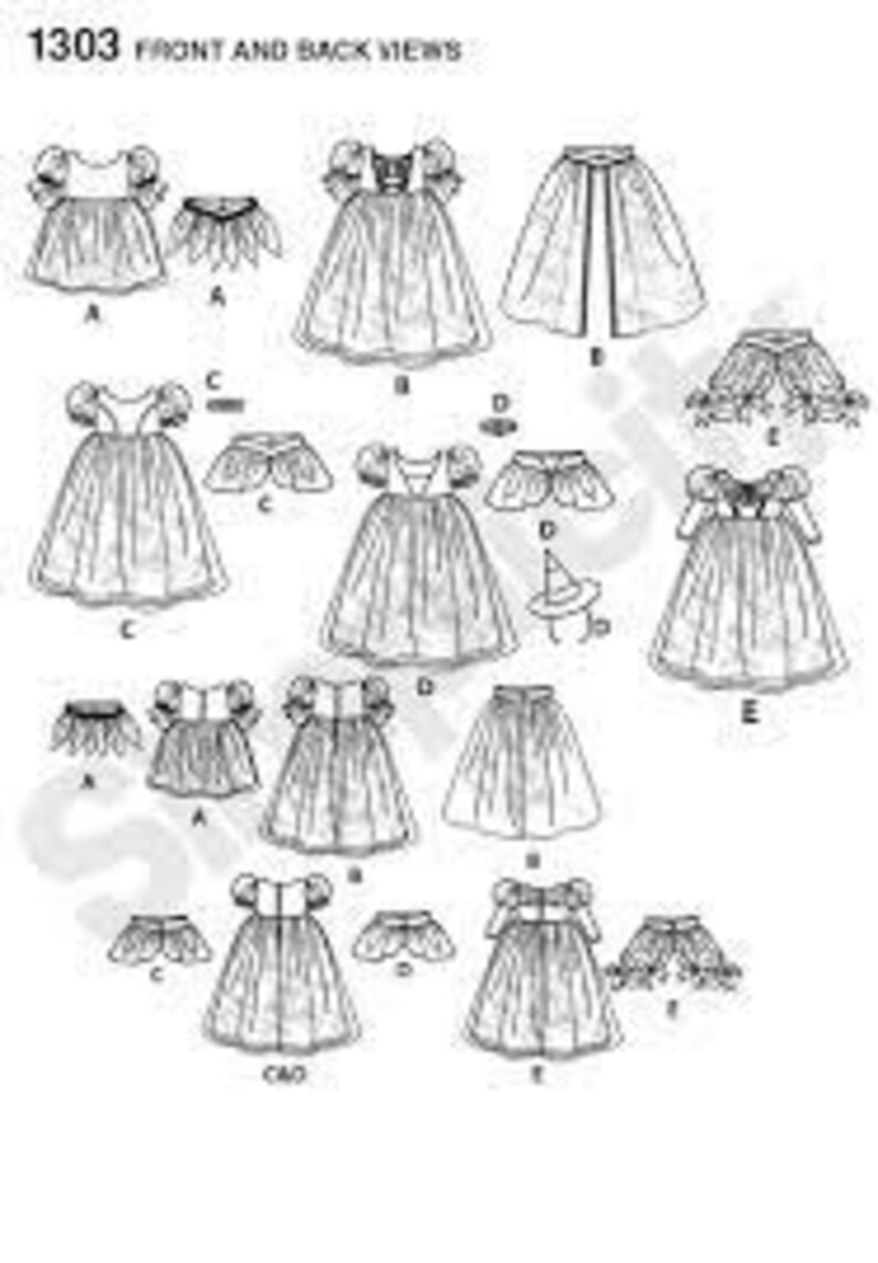 Op de afbeelding: Lijntekening van verschillende kinderkledingpatronen, inclusief voor- en achteraanzichten. De patronen tonen verschillende jurkstijlen met korte mouwen, capes en decoratieve kragen. De tekst "1303 FRONT AND BACK VIEWS" staat bovenaan.
