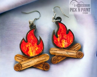 Campfire earrings, Handpainted campfire earrings, Fire earrings, Camping earrings.