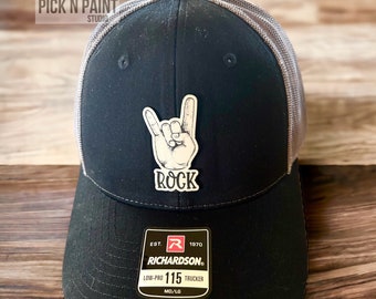 Rock hand patch hat, Laser engraved Rock & Roll hat, Rock band gift,Band musician, horns hat, heavy metal hat. Richardson 112 rock hat.