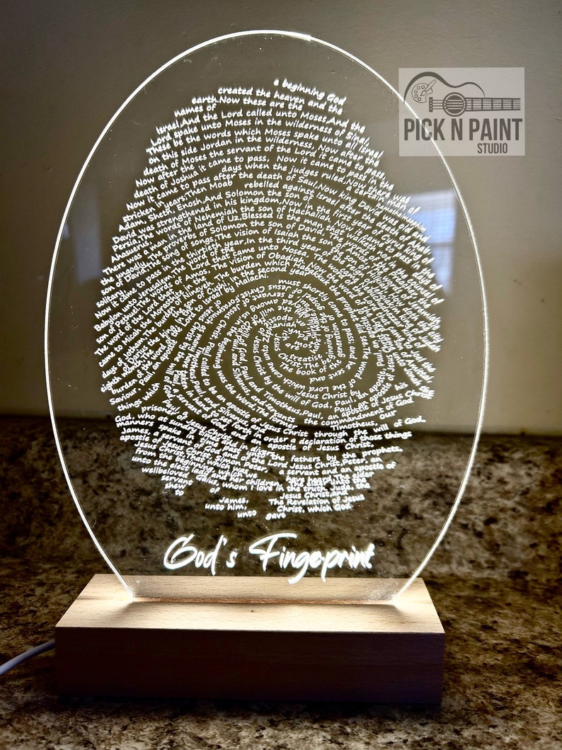 Gods Fingerprint table light, Laser engraved Gods Fingerprint, Christian led light, Bible verse gift, Christian gift. image 1