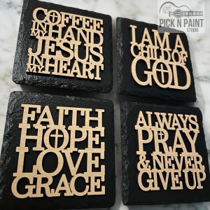 Bible inspired Coasters -Engraved wood slate coasters- Christian coaster set, Religious gift, Valentines gift, gift ideas.