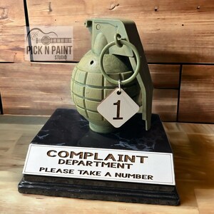 Complaint department, please take a number fake gernade plaque, Complaint Department trophie. Take a number gift, funny work gift.