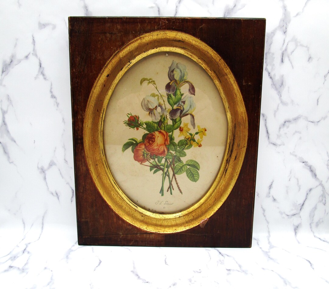 Vintage Oval Square Botanical Print Framed Flowers Mixed Floral Shabby ...