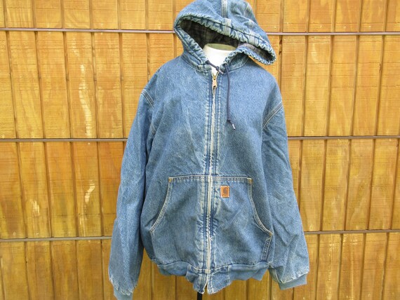 Vintage Carhartt Jacket Mens XL Blue Denim Jean Blanket Lined J139 