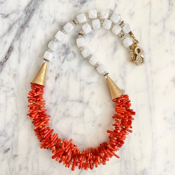 Rainbow Moonstone Red Coral Necklace Multi Stone Statement Necklace