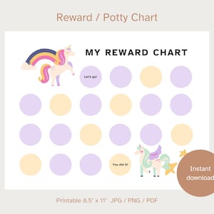 Printable unicorn reward chart, toddler potty chart, kids behavior chart, digital download, kids reward chart