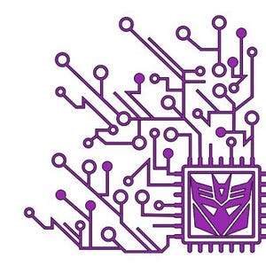 May include: A purple circuit board design featuring a geometric emblem in the lower right. The emblem is a stylized face within a square frame. The design is set against a white background.