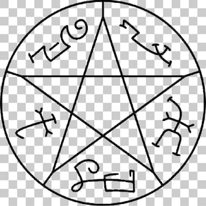 May include: A black line drawing of a pentagram, a five-pointed star within a circle, with symbols. The design includes intersecting lines and stylized glyphs in each section, set against a transparent background.