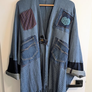 Upcycled Boho Poncho Jacket – Knit Jacket with Denim Pockets, Peace Sign Appliqué