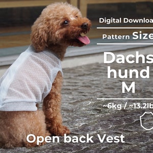 Könnte beinhalten: Ein digitales Download-Muster für eine weiße, offene Rückenweste für einen Dackel. Das Muster ist für Größe M, die für Hunde mit einem Gewicht von bis zu 6 kg geeignet ist.