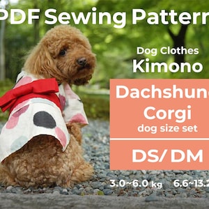 Puede incluir: Un perro pequeño y marrón con un kimono para perros con un lazo rojo y un patrón de círculos negros, rosas y blancos. La imagen incluye el texto "PDF Sewing Pattern", "Dog Clothes Kimono" y "Dachshund Corgi dog size set". El perro pesa entre 3,0 y 6,0 kg.
