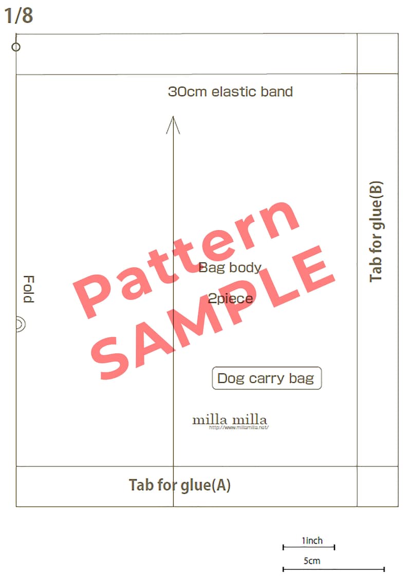 Op de afbeelding: Een zwart-witte lijntekeningpatroon voor een hondendraagtas. Het patroon bevat instructies voor een elastische band van 30 cm, een lijmlip (A) en een lijmlip (B). Het patroon is gemarkeerd met "Pattern Sample" en bevat de tekst "Bag body 2 piece".