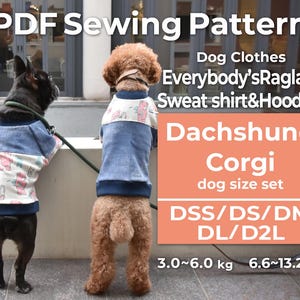 Puede incluir: Dos perros con camisas a juego de mezclilla y estampadas. La imagen incluye el texto "PDF Sewing Pattern" y "Dog Clothes" con información de tallas en kilogramos y libras. El patrón es para tallas de perros Dachshund y Corgi.