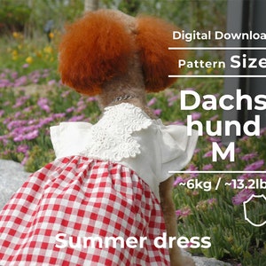 Puede incluir: Patrón de descarga digital para un vestido de verano de cuadros rojos y blancos para un dachshund. El patrón es para la talla M, que se adapta a perros que pesan aproximadamente 6 kg o 13,2 lb.