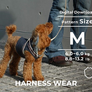 May include: A brown poodle wearing a blue denim harness with a white and blue patterned strap. The dog is being walked by a person wearing blue jeans. The image includes text that reads "Digital Download Pattern Size M 4.0~6.0 kg 8.8~13.2 lb HARNESS WEAR".