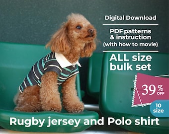 Rugby jersey and Polo shirt | PDF Dog Clothes Pattern | All size BULK 10 sizes and instruction book with movie