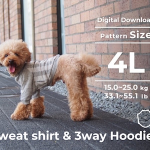 Może przedstawiać: Brązowy i biały pies w szarej i białej, pasiastych bluzie. Pies stoi na szarym chodniku. W obrazie widoczny jest tekst "Pobierz cyfrowo" i "Rozmiar wzoru 4L". Widoczny jest również tekst "15.0~25.0 kg 33.1~55.1 lb". Tekst "Bluza dresowa & 3-drożne bluzy z kapturem" jest widoczny u dołu obrazu.