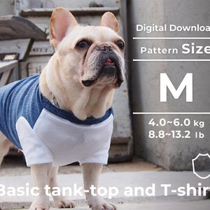 May include: A white French bulldog wearing a blue and white tank top. The dog is standing on a concrete surface. The image includes text that reads "Digital Download", "Pattern Size", "M", "4.0~6.0 kg", "8.8~13.2 lb", and "Basic tank-top and T-shirt".
