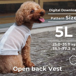 May include: A digital download pattern for a light blue open back vest for dogs. The pattern is for size 5L, which is for dogs weighing 25.0-35.0 kg (55.1-77.2 lb).