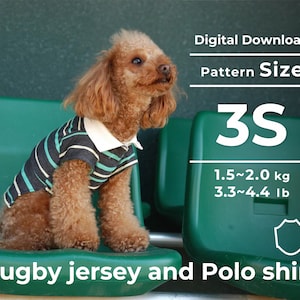 Może przedstawiać: Brązowo-biały pies w paski w koszulce do rugby i koszulce polo. Pies siedzi na zielonej ławce. Tekst "Pobierz cyfrowo" i "Rozmiar wzoru 3S" znajduje się nad psem. Tekst "1,5~2,0 kg 3,3~4,4 lb" znajduje się pod psem. Tekst "Koszulka do rugby i koszulka polo" znajduje się pod psem.