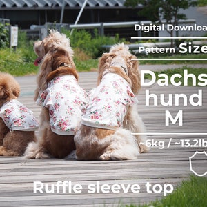May include: Three dogs wearing white ruffle sleeve tops with a floral pattern. The text on the image says "Digital Download", "Pattern Size", "Dachshund M", and "~6kg / ~13.2lb".