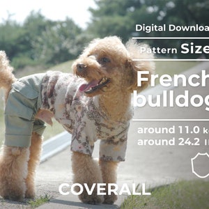 Op de afbeelding: Een bruine en witte Franse Bulldog die een groene en bruine overall met patroon draagt. De hond staat op een trottoir met groen gras op de achtergrond. De tekst "Digital Download Pattern Size French bulldog around 11.0 kg around 24.2 lb OVERALL" is zichtbaar in de afbeelding.