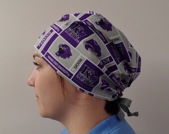 Scrub Hat made with Kansas State University Fabric, Kansas Wildcats Surgical Scrub Cap One Size Fits All Adjustable Tie in Back