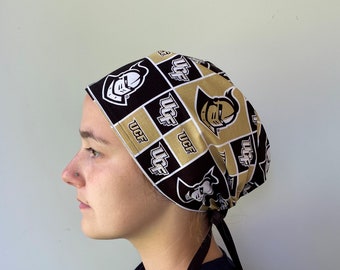 Scrub Hat made from University Central Florida Fabric, UCF Knights Fabric Chapstick Keychain, Unisex One Size Fits All, Ties in Back