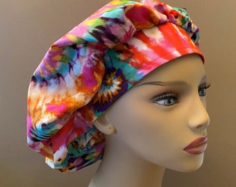 Tie Dye Bouffant Scrub Cap, Monogrammed  Pink Tie Dye Fabric Cap, Tie Dye Chapstick Keychain, Pink Tie Dye Surgical Scrub Food Worker Hat