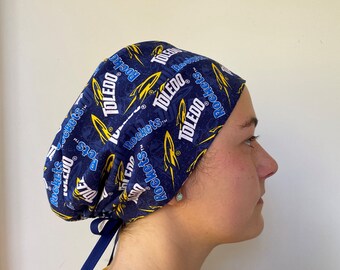 Scrub Hat made from University of Toledo Fabric, Toledo Rockets Navy and White Surgical Scrub Cap One Size Fits All Adjustable Tie
