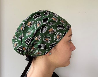 Ohio University Bobcats Scrub, Ohio University Bobcats Green White Fabric Surgical Scrub Hat Unisex One Size Fits All With Adjustable Tie