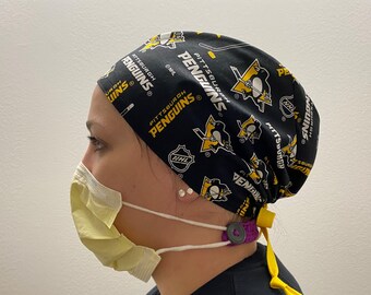 Monogrammed Surgical Scrub from Pittsburgh Penguins Fabric, Pitt Penguins Chapstick Keychain, Penguins Badge reel, One Size Adjustable