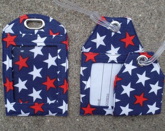 Patriotic Stars Badge Protector/Holder, Stars Luggage Bag Tags, Red White Stars Fabric Luggage Rollerboard Bag Tags Large Small