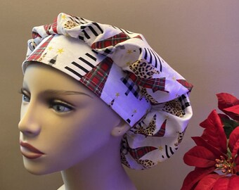Christmas Trees Bouffant Scrub Head. Christmas Tree Fabric Bouffant Scrub Cap, Christmas Surgical Scrub Cap or Food Worker Hat