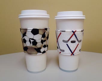 Soccer Hockey Cozy, Hockey Sticks and Pucks, Soccer Balls Coffee Sleeve, Hockey Coffee Cup Sleeve fabric coffee holder, iced coffee cozy