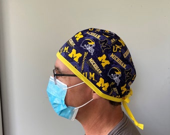 Surgeon Scrub Hat made from University of Michigan Wolverines Badge Reel, Surgeon Scrub Cap Michigan Wolverines One Size Ties Back