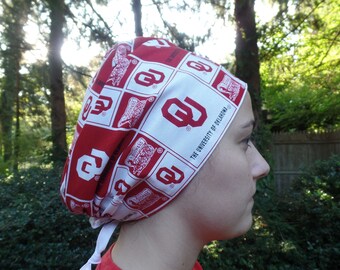 Scrub hat made with University Oklahoma Sooners Red and White Fabric Surgical Scrub Hat Unisex One Size Fits All With Adjustable Tie