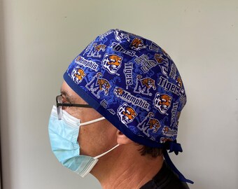 Surgeon Style Scrub Hat made from University of Memphis Fabric, Memphis Tigers Fabric Surgical Scrub Hat Ties in Back Adjustable
