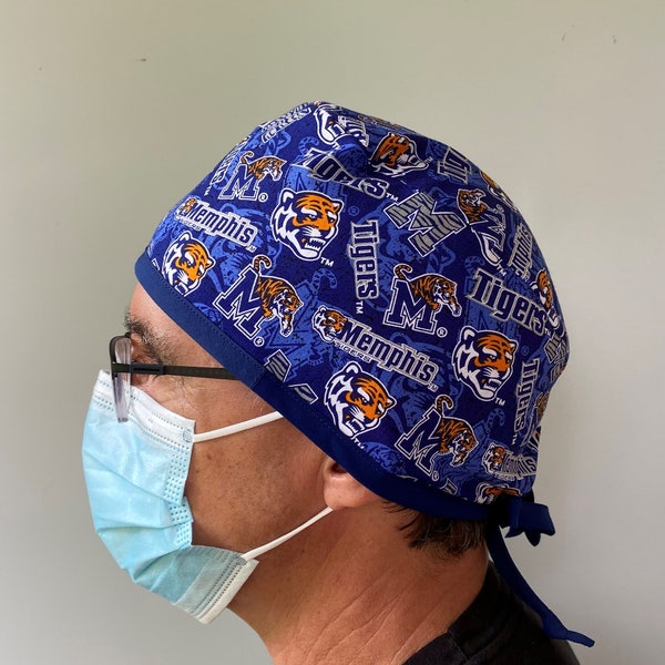 Monogrammed Surgeon Style Scrub Hat made from University of Memphis Fabric, Memphis Tigers Fabric Surgical Scrub Hat Ties in Back Adjustable