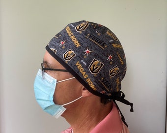 Surgeon Scrub Hat made from NHL Las Vegas Golden Knights Fabric, Las Vegas Knights Scrubs, One Size Fits All Nevada Tie in Back
