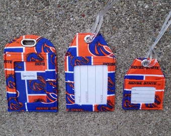 Luggage Tags made with Boise State University Broncos Blue and Orange Fabric Luggage Bag Tags to mark your Gear and show your Colors.